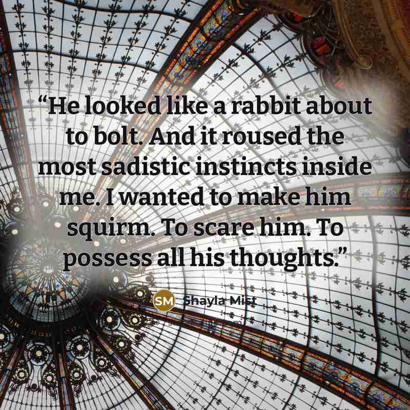 “He looked like a rabbit about to bolt. And it roused the most sadistic instincts inside me. I wanted to make him squirm. To scare him. To possess all his thoughts.” quote by Shayla Mist