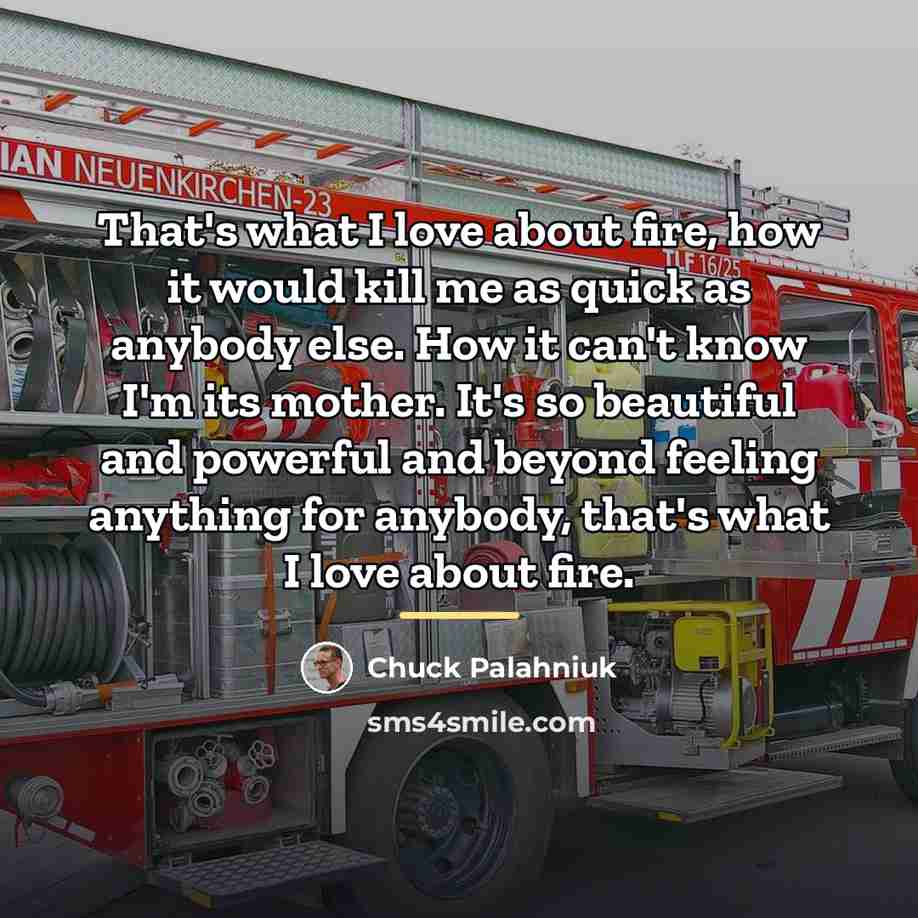 “That's what I love about fire, how it would kill…” quote by Chuck Palahniuk