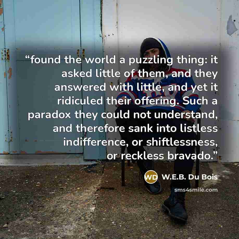 “found the world a puzzling thing: it asked little of them, and they answered with little, and yet it ridiculed their offering. Such a paradox they could not understand, and therefore sank into listless indifference, or shiftlessness, or reckless bravado.” quote by W.E.B. Du Bois