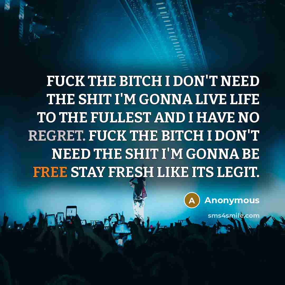 “FUCK THE BITCH I DON'T NEED THE SHIT I'M GONNA LIVE LIFE TO THE FULLEST AND I HAVE NO REGRET. FUCK THE BITCH I DON'T NEED THE SHIT I'M GONNA BE FREE STAY FRESH LIKE ITS LEGIT.” quote by Anonymous