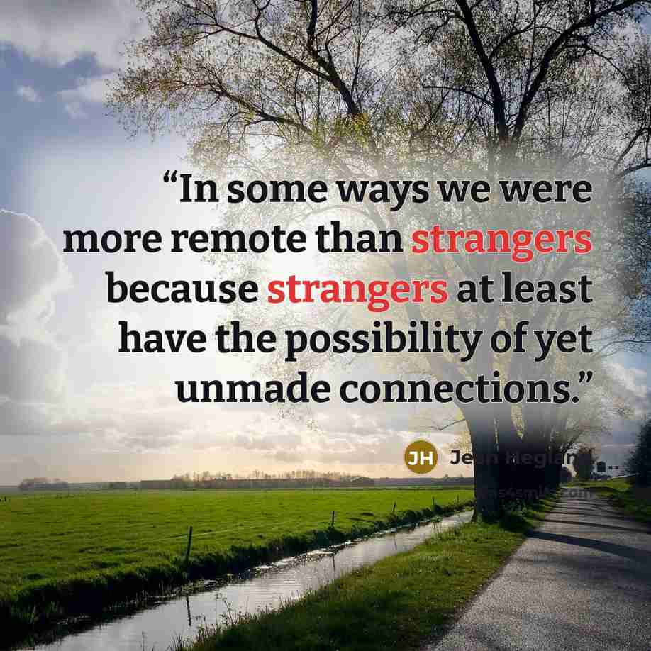 “In some ways we were more remote than strangers because strangers at least have the possibility of yet unmade connections.” quote by Jean Hegland