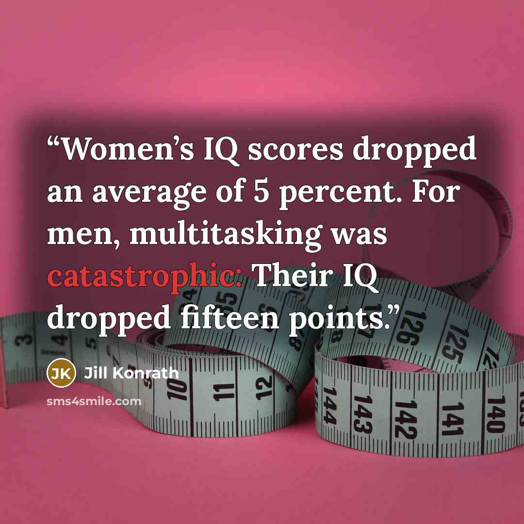 “Women’s IQ scores dropped an average of 5 percent. For men, multitasking was catastrophic: Their IQ dropped fifteen points.” quote by Jill Konrath