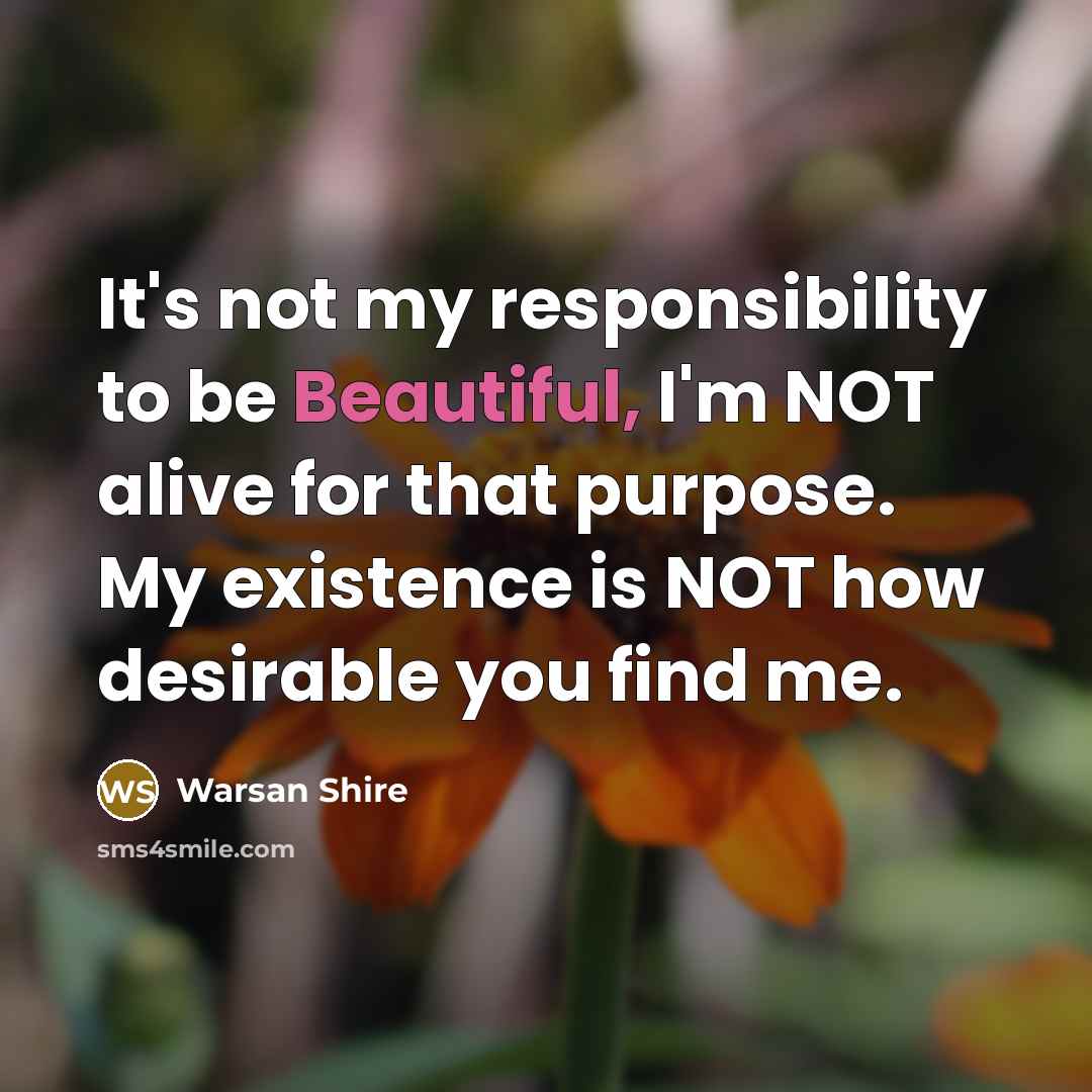 “It's not my responsibility to be Beautiful, I'm NOT alive…” quote by Warsan Shire