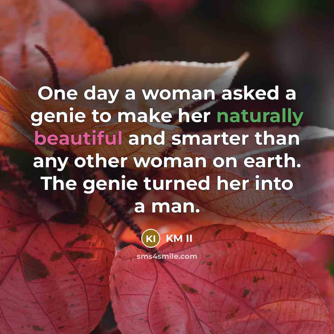 “One day a woman asked a genie to make her…” quote by KM II