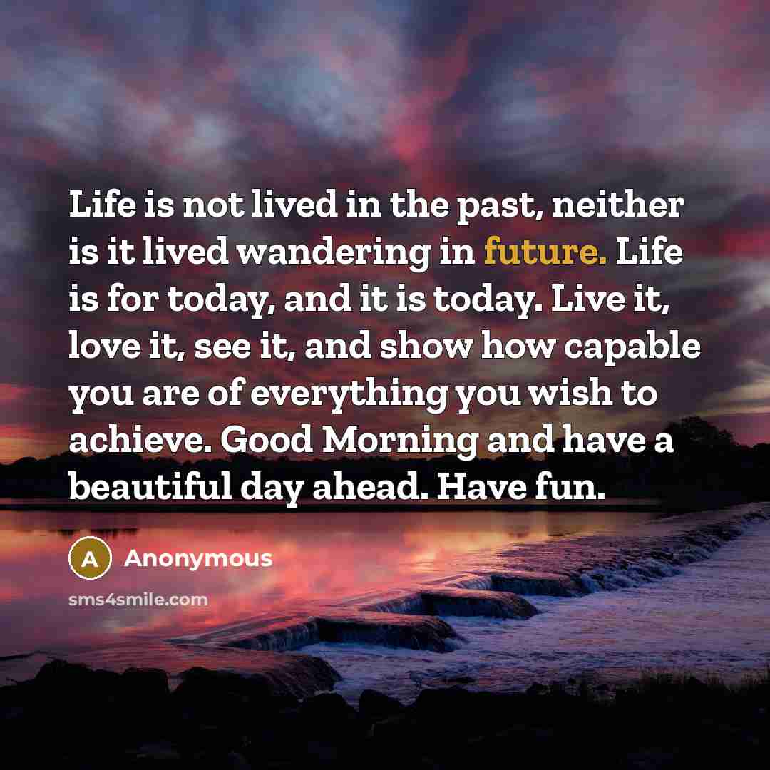 “Life is not lived in the past, neither is it lived wandering in future. Life is for today, and it is today. Live it, love it, see it, and show how capable you are of everything you wish to achieve. Good Morning and have a beautiful day ahead. Have fun.” quote by Anonymous