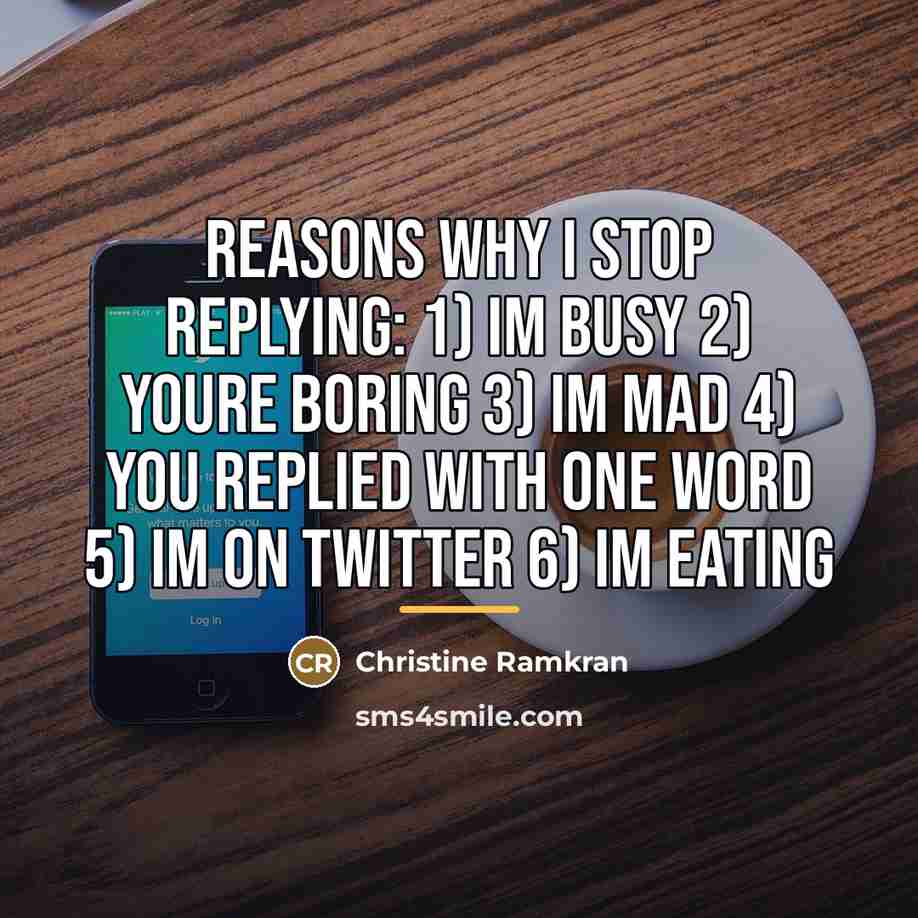 “Reasons why I stop replying: 1) Im busy 2) Youre…” quote by Christine Ramkran