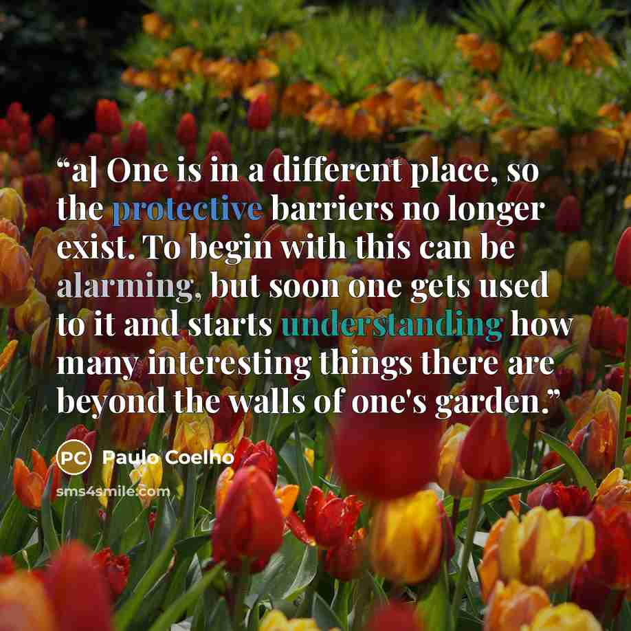“a] One is in a different place, so the protective barriers no longer exist. To begin with this can be alarming, but soon one gets used to it and starts understanding how many interesting things there are beyond the walls of one's garden.” quote by Paulo Coelho