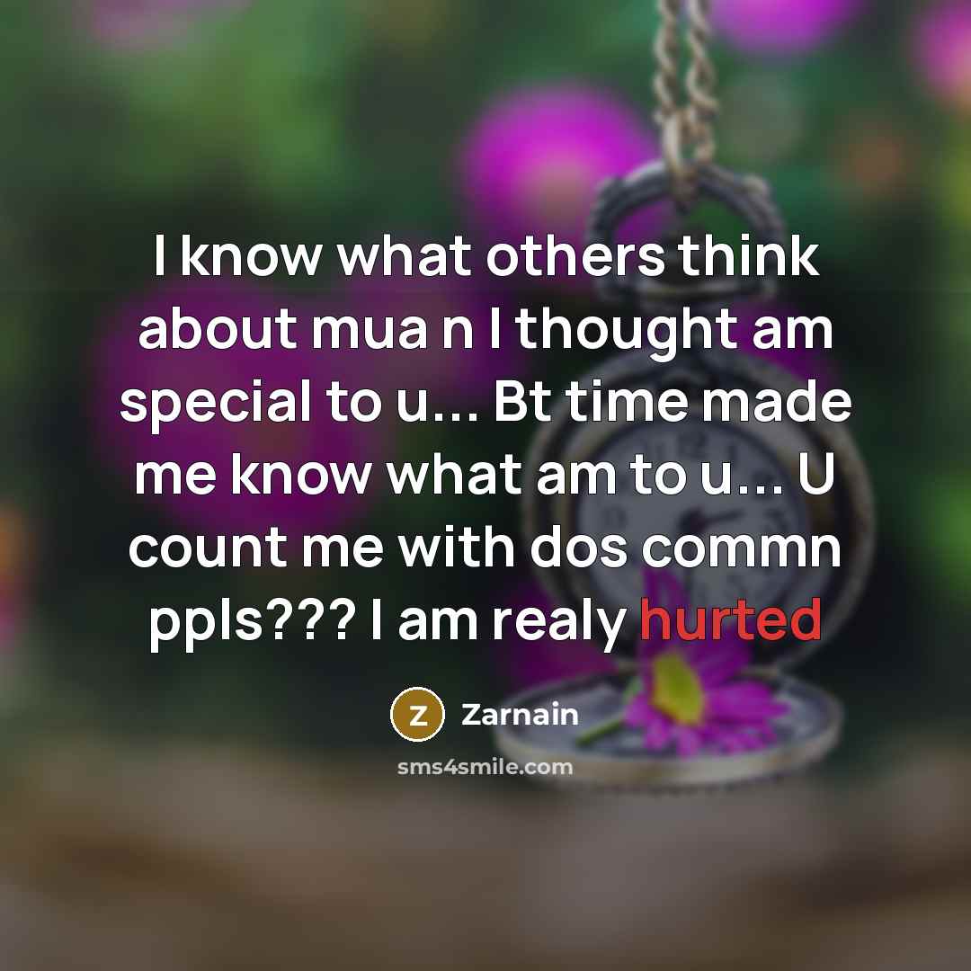 “I know what others think about mua n I thought am special to u... Bt time made me know what am to u... U count me with dos commn ppls??? I am realy hurted” quote by Zarnain