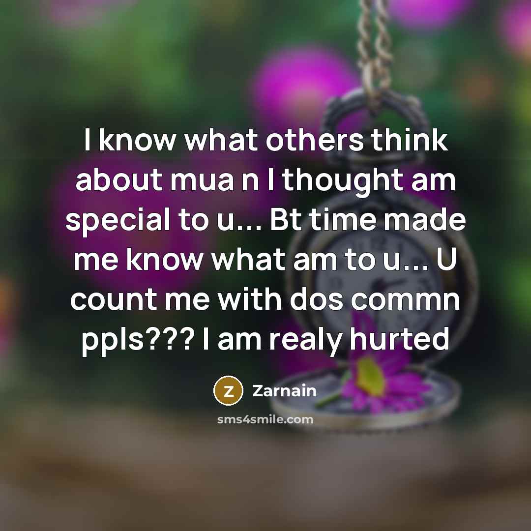 “I know what others think about mua n I thought am special to u... Bt time made me know what am to u... U count me with dos commn ppls??? I am realy hurted” quote by Zarnain