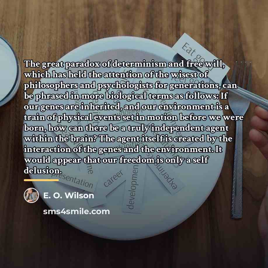 “The great paradox of determinism and free will, which has…” quote by E. O. Wilson