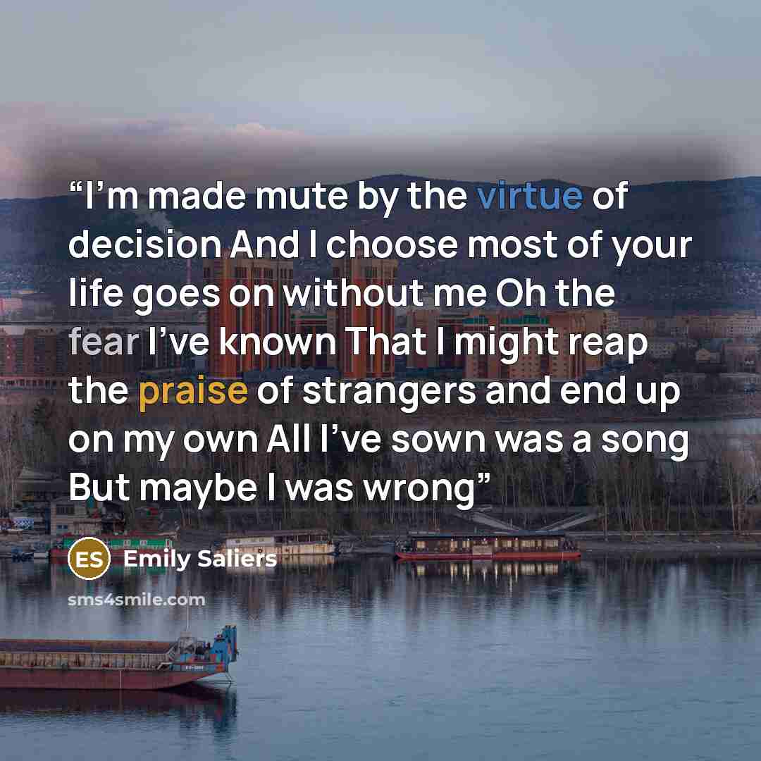 “I'm made mute by the virtue of decision And I choose most of your life goes on without me Oh the fear I've known That I might reap the praise of strangers and end up on my own All I've sown was a song But maybe I was wrong” quote by Emily Saliers