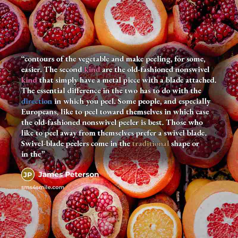 “contours of the vegetable and make peeling, for some, easier. The second kind are the old-fashioned nonswivel kind that simply have a metal piece with a blade attached. The essential difference in the two has to do with the direction in which you peel. Some people, and especially Europeans, like…” quote by James Peterson