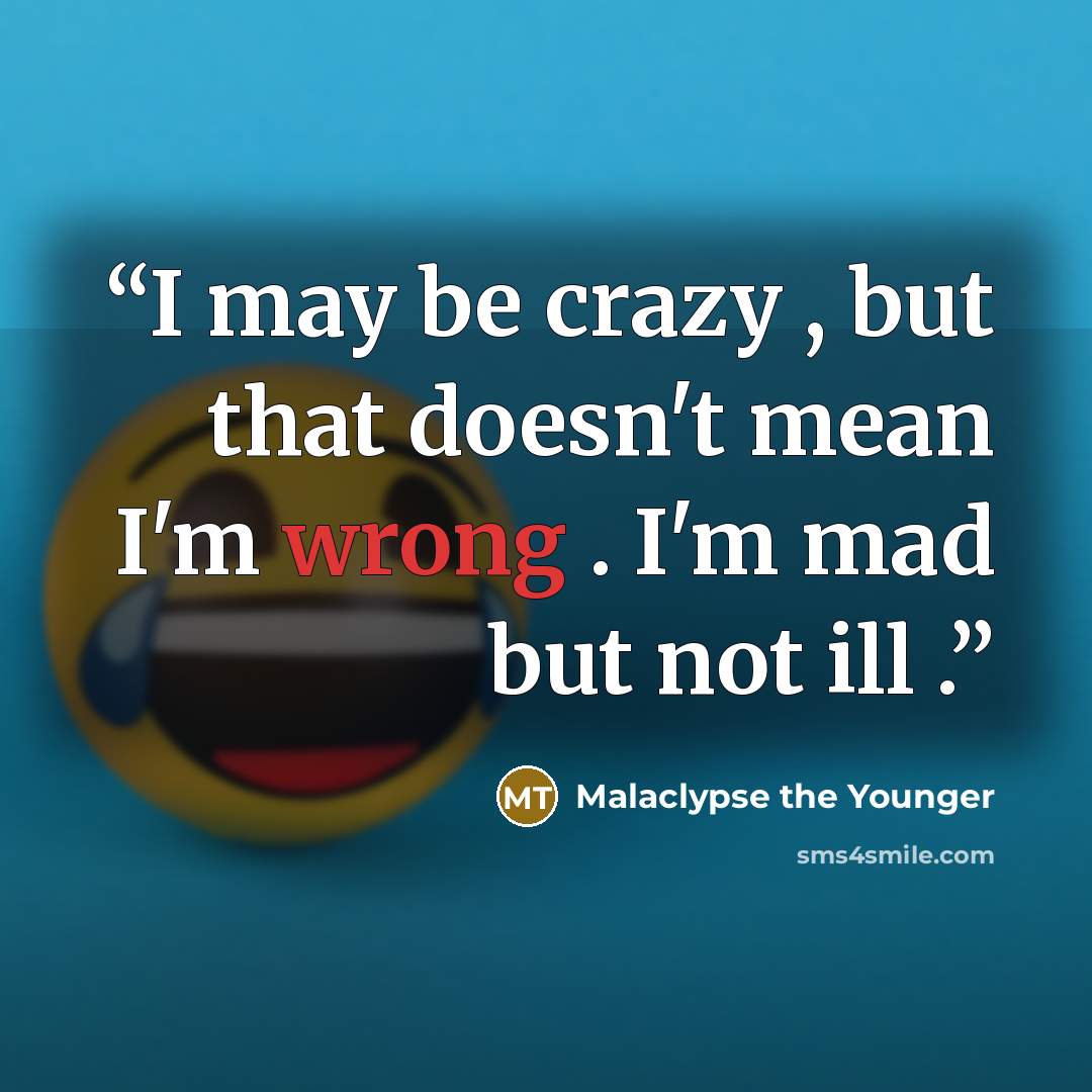 “I may be crazy , but that doesn't mean I'm wrong . I'm mad but not ill .” quote by Malaclypse the Younger