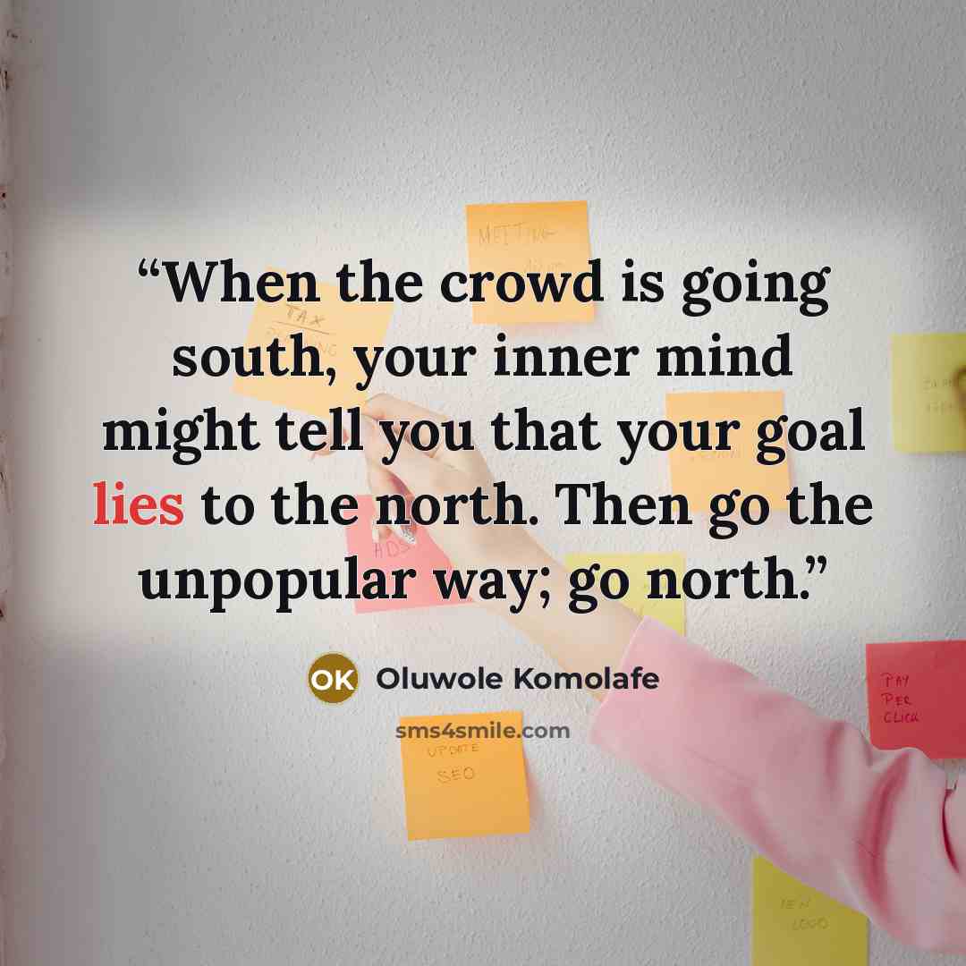 “When the crowd is going south, your inner mind might tell you that your goal lies to the north. Then go the unpopular way; go north.” quote by Oluwole Komolafe
