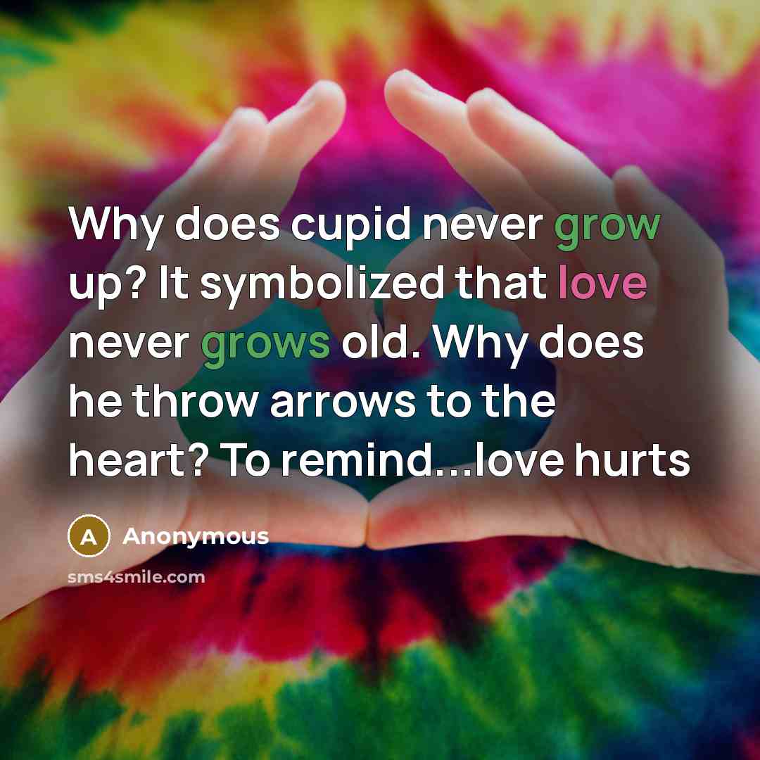 “Why does cupid never grow up? It symbolized that love never grows old. Why does he throw arrows to the heart? To remind...love hurts” quote by Anonymous