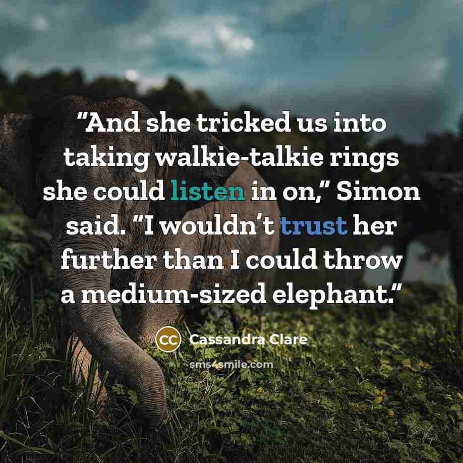 “And she tricked us into taking walkie-talkie rings she could listen in on,” Simon said. “I wouldn’t trust her further than I could throw a medium-sized elephant.” quote by Cassandra Clare