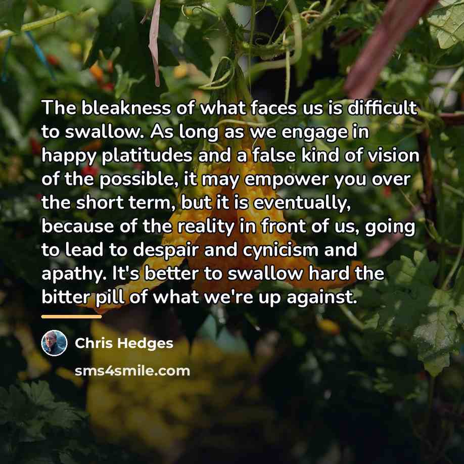 “The bleakness of what faces us is difficult to swallow.…” quote by Chris Hedges