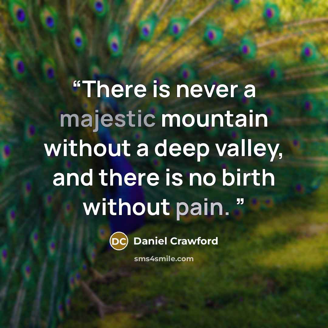 “There is never a majestic mountain without a deep valley, and there is no birth without pain.” quote by Daniel Crawford