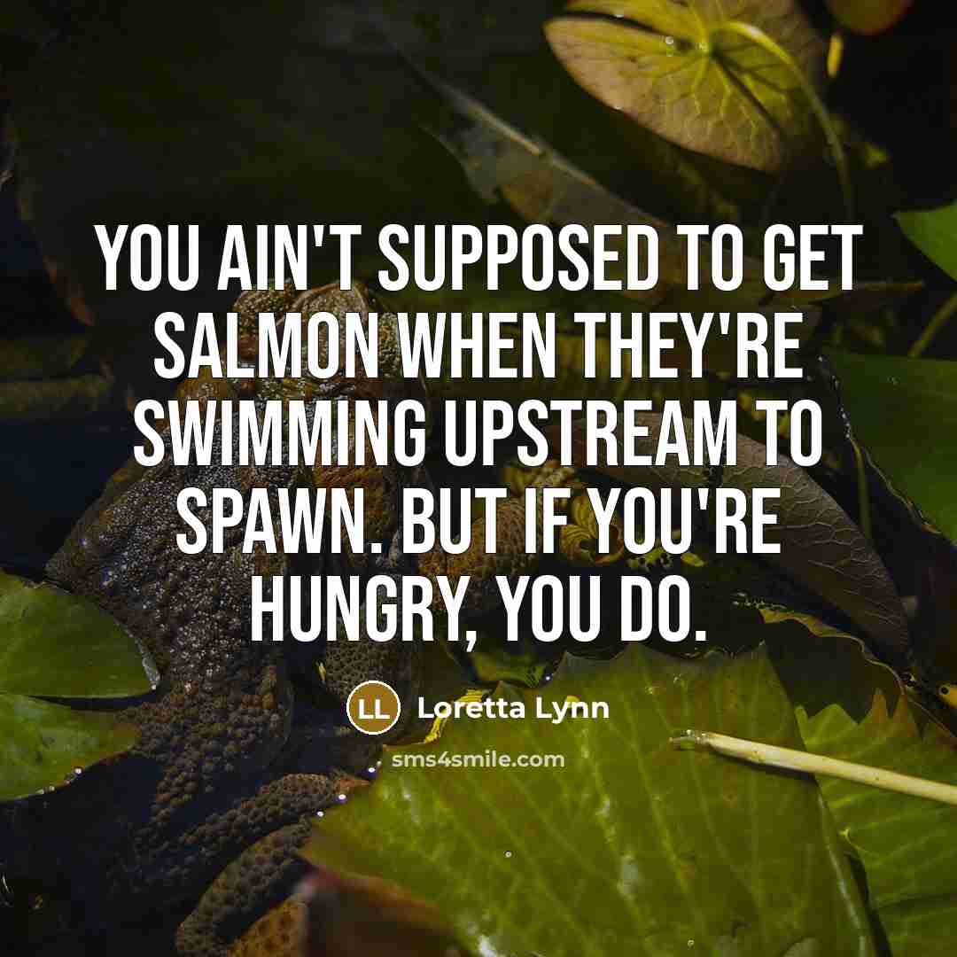 “You ain't supposed to get salmon when they're swimming upstream to spawn. But if you're hungry, you do.” quote by Loretta Lynn