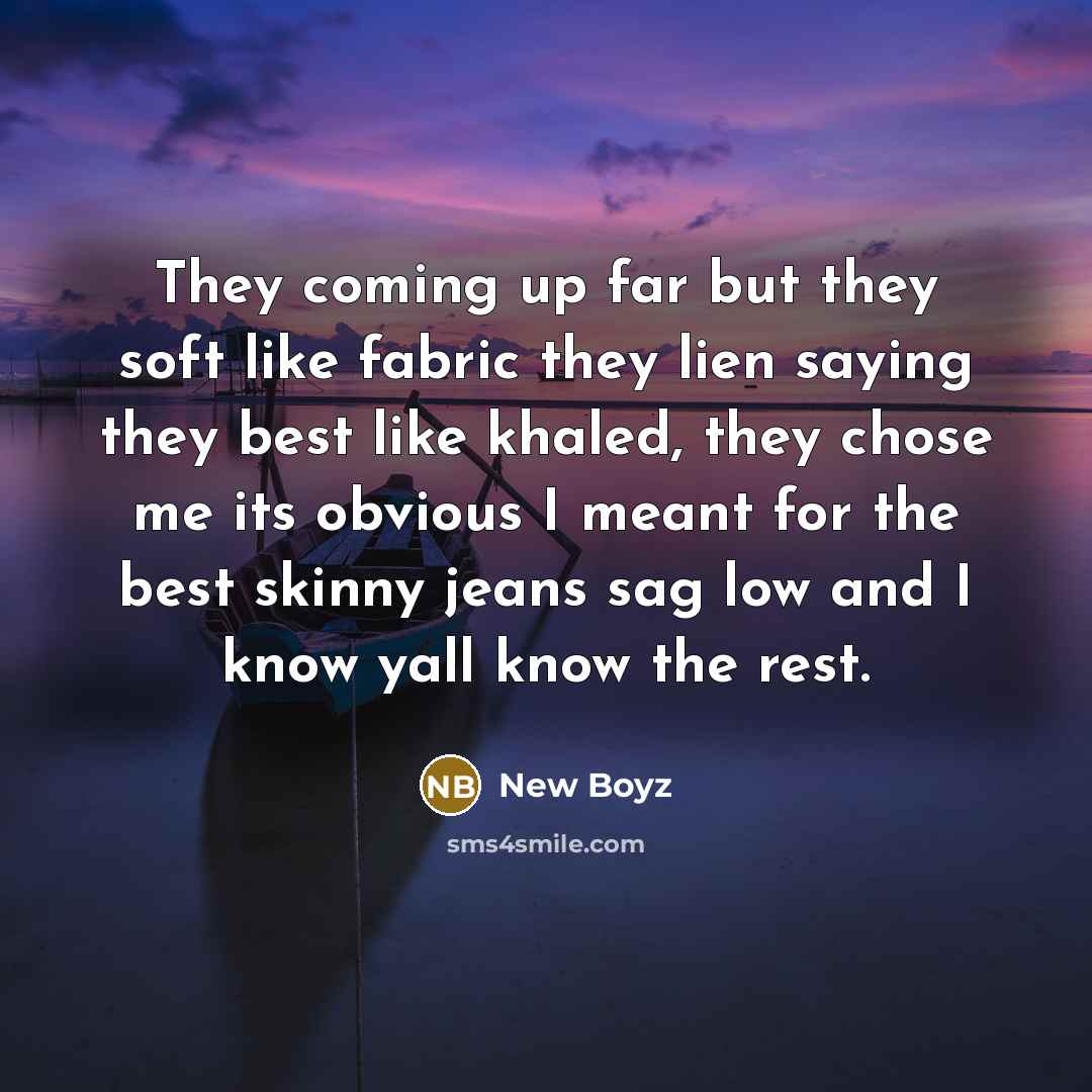 “They coming up far but they soft like fabric they lien saying they best like khaled, they chose me its obvious I meant for the best skinny jeans sag low and I know yall know the rest.” quote by New Boyz