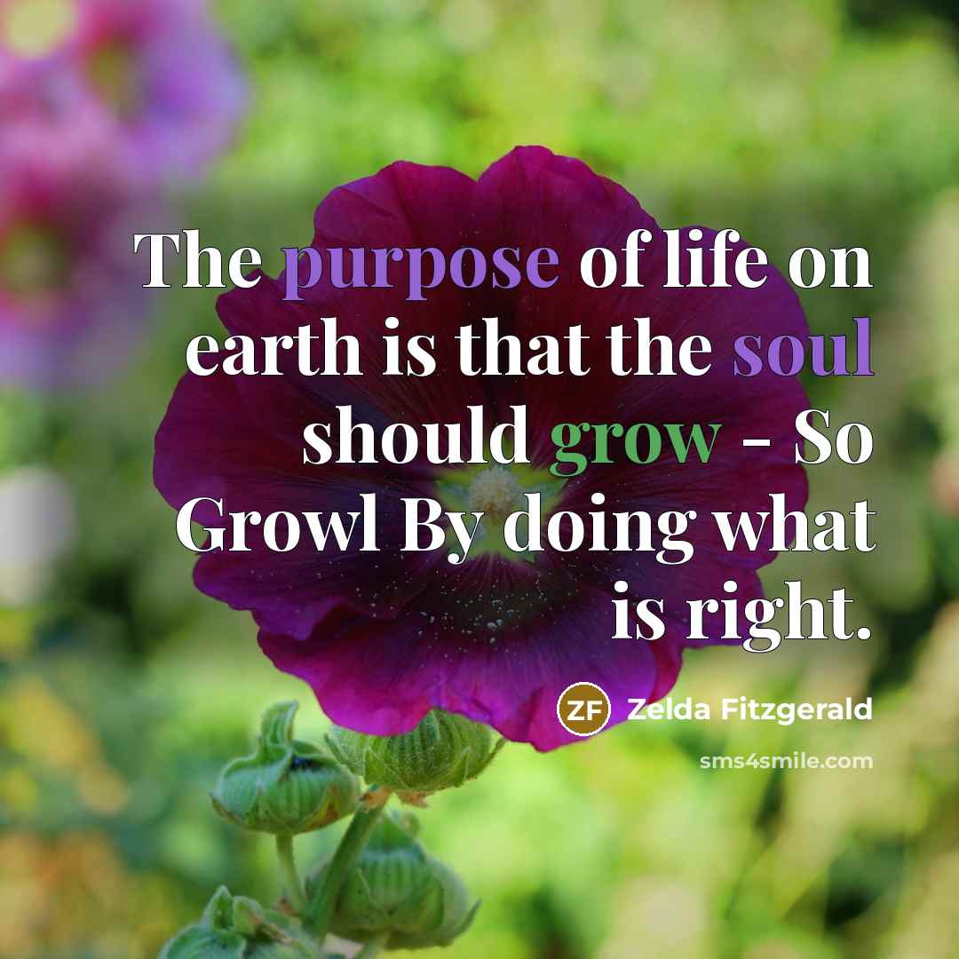 “The purpose of life on earth is that the soul should grow - So Growl By doing what is right.” quote by Zelda Fitzgerald
