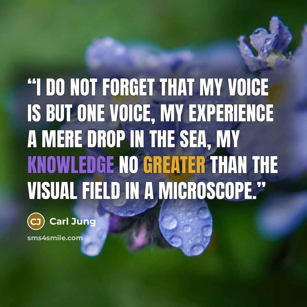“I do not forget that my voice is but one voice, my experience a mere drop in the sea, my knowledge no greater than the visual field in a microscope.” quote by Carl Jung