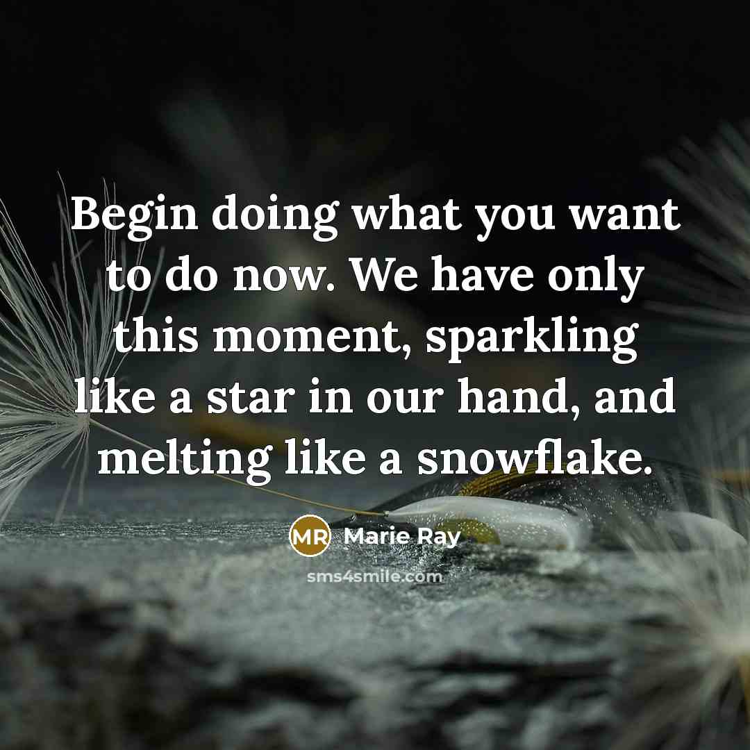 “Begin doing what you want to do now. We have only this moment, sparkling like a star in our hand, and melting like a snowflake.” quote by Marie Ray