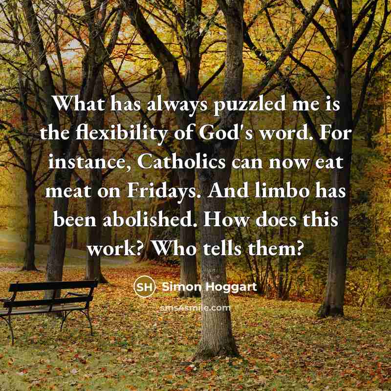 “What has always puzzled me is the flexibility of God's…” quote by Simon Hoggart