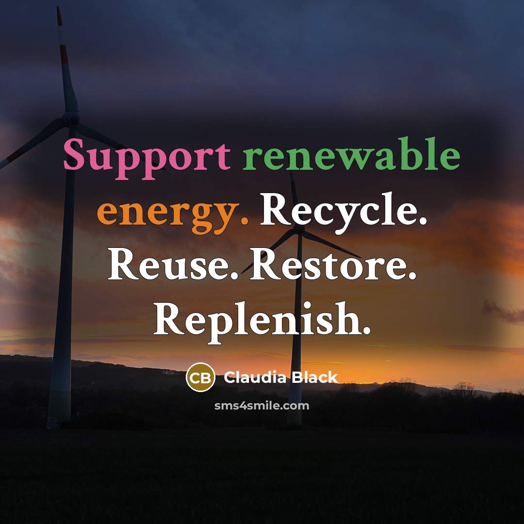 “Support renewable energy. Recycle. Reuse. Restore. Replenish.” quote by Claudia Black