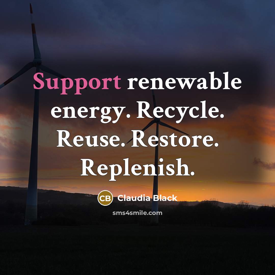 “Support renewable energy. Recycle. Reuse. Restore. Replenish.…” quote by Claudia Black
