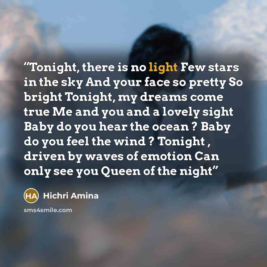 “Tonight, there is no light Few stars in the sky And your face so pretty So bright Tonight, my dreams come true Me and you and a lovely sight Baby do you hear the ocean ? Baby do you feel the wind ? Tonight , driven by waves of emotion Can only see you Queen of the night” quote by Hichri Amina