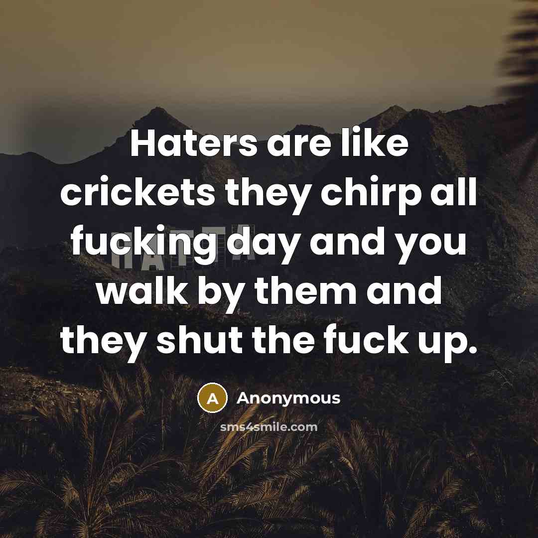 “Haters are like crickets they chirp all fucking day and you walk by them and they shut the fuck up.” quote by Anonymous