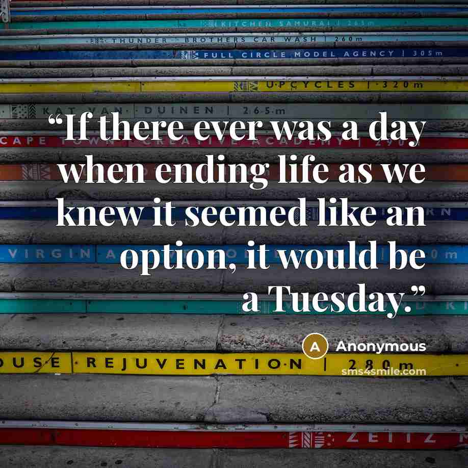 “If there ever was a day when ending life as we knew it seemed like an option, it would be a Tuesday.” quote by Anonymous