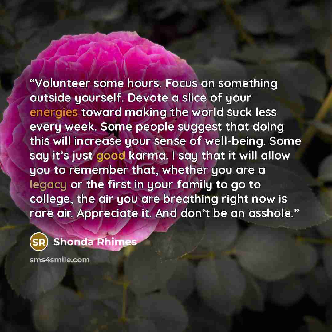 “Volunteer some hours. Focus on something outside yourself. Devote a slice of your energies toward making the world suck less every week. Some people suggest that doing this will increase your sense of well-being. Some say it’s just good karma. I say that it will allow you to remember that, whether…” quote by Shonda Rhimes