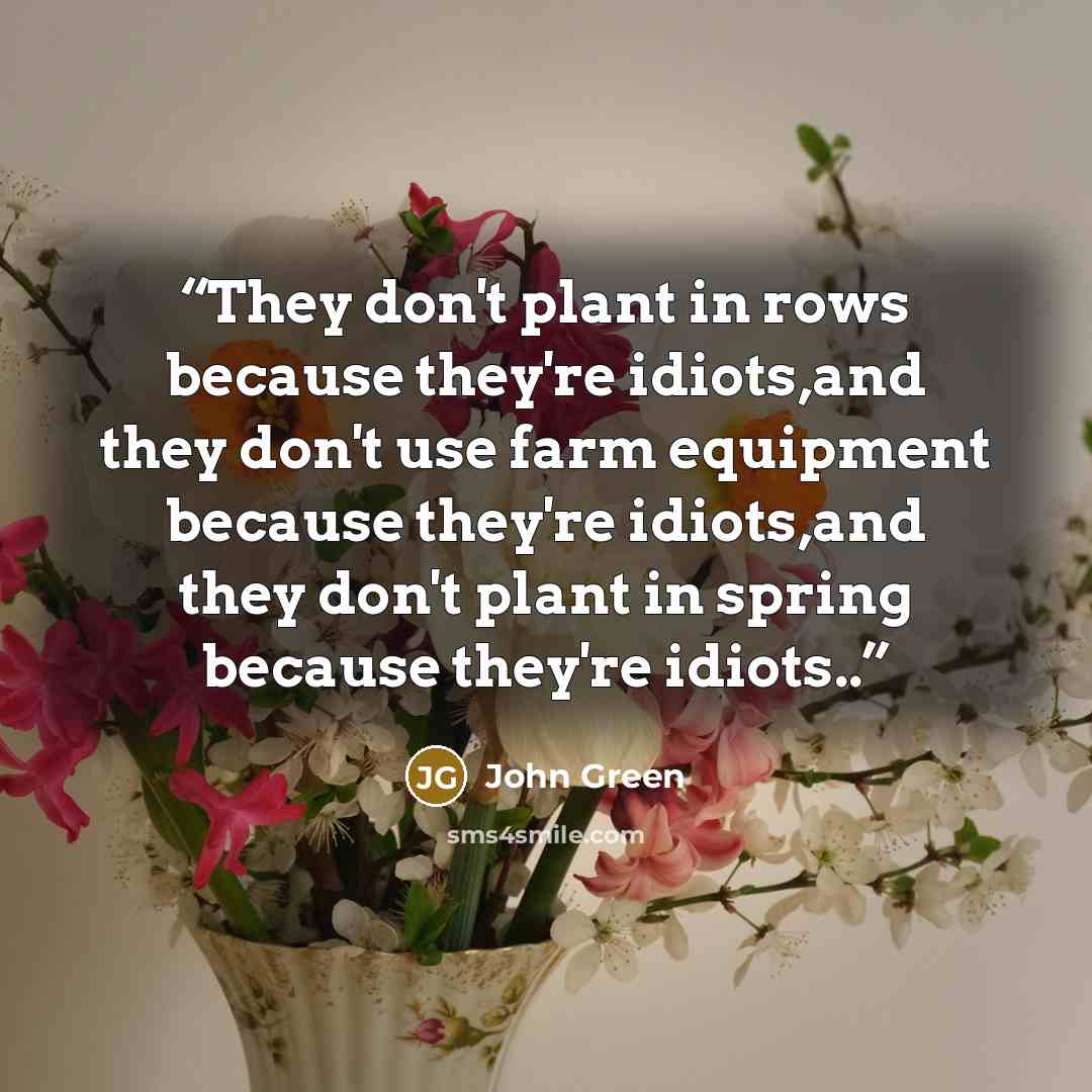 “They don't plant in rows because they're idiots,and they don't use farm equipment because they're idiots,and they don't plant in spring because they're idiots..” quote by John Green