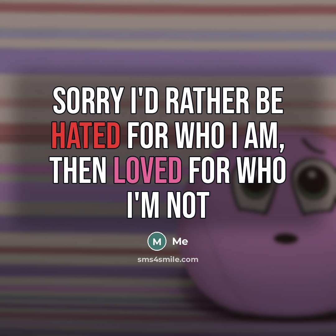 “Sorry I'd rather be hated for who I am, then…” quote by Me
