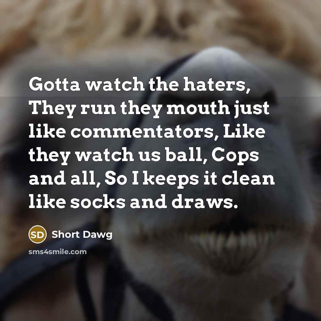 “Gotta watch the haters, They run they mouth just like commentators, Like they watch us ball, Cops and all, So I keeps it clean like socks and draws.” quote by Short Dawg