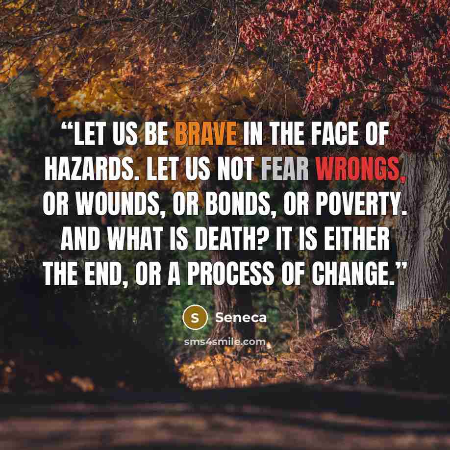 “Let us be brave in the face of hazards. Let us not fear wrongs, or wounds, or bonds, or poverty. And what is death? It is either the end, or a process of change.” quote by Seneca