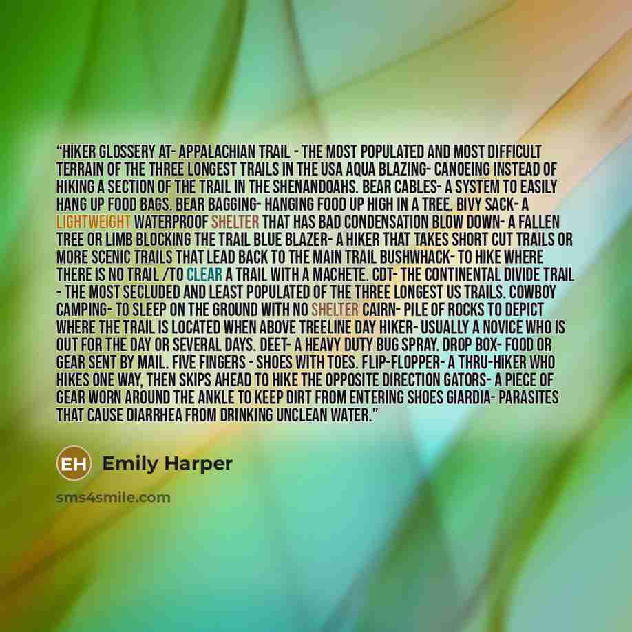 “HIKER GLOSSERY AT- Appalachian Trail - The most populated and most difficult terrain of the three longest trails in the USA Aqua Blazing- Canoeing instead of hiking a section of the trail in the Shenandoahs. Bear Cables- A system to easily hang up food bags. Bear bagging- Hanging food up high in a…” quote by Emily Harper