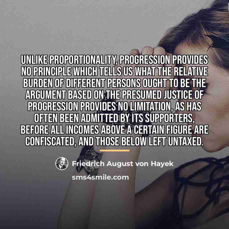 “Unlike proportionality, progression provides no principle which tells us what…” quote by Friedrich August von Hayek