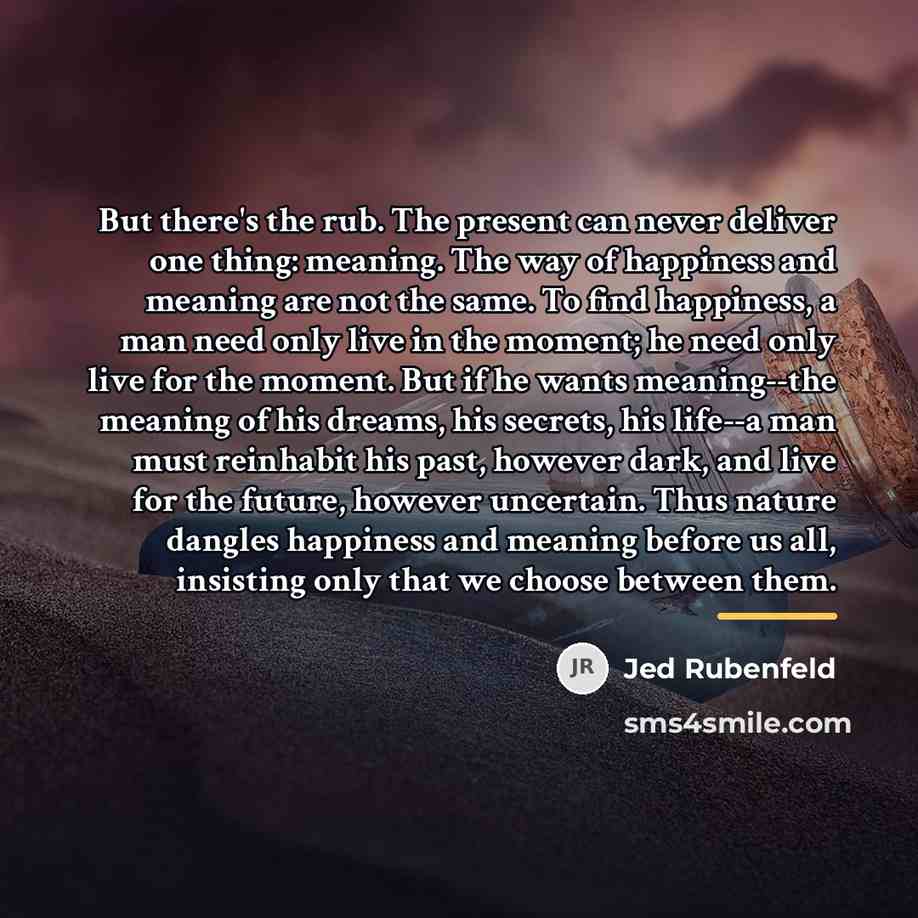 “But there's the rub. The present can never deliver one…” quote by Jed Rubenfeld