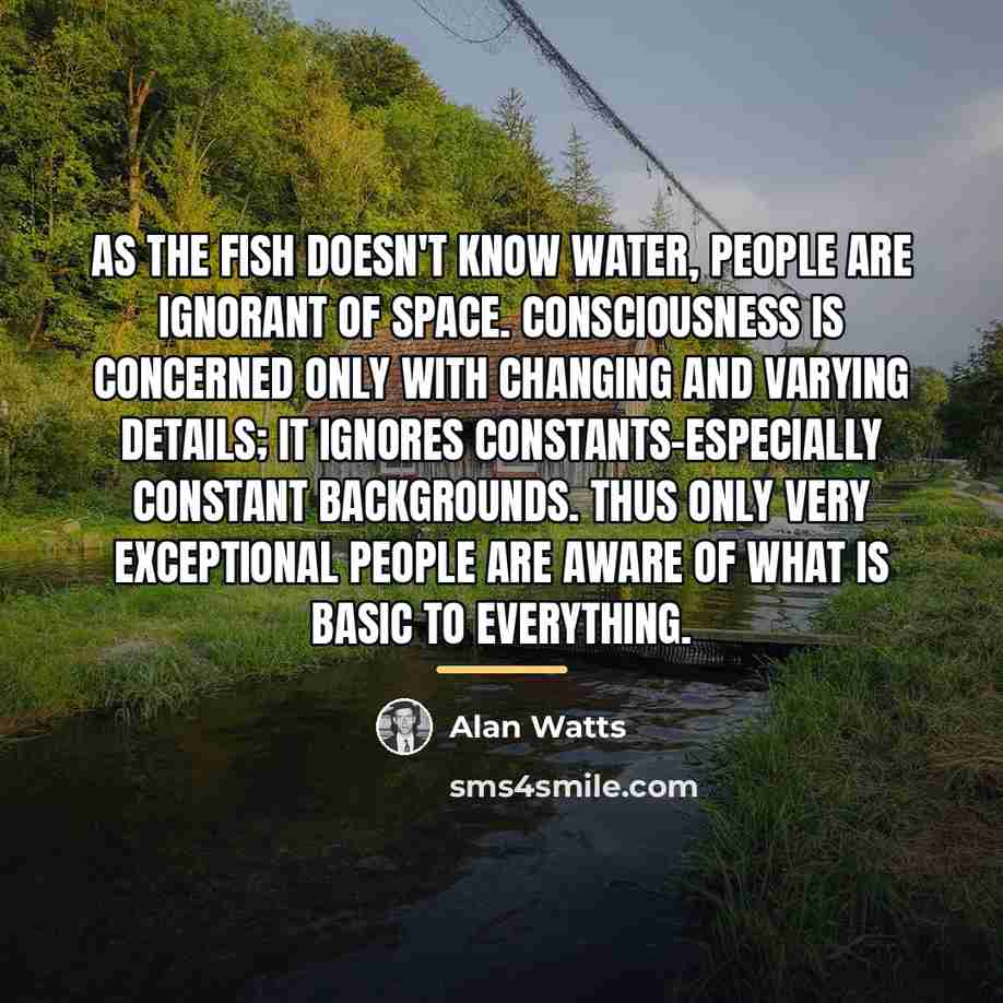 “As the fish doesn't know water, people are ignorant of…” quote by Alan Watts