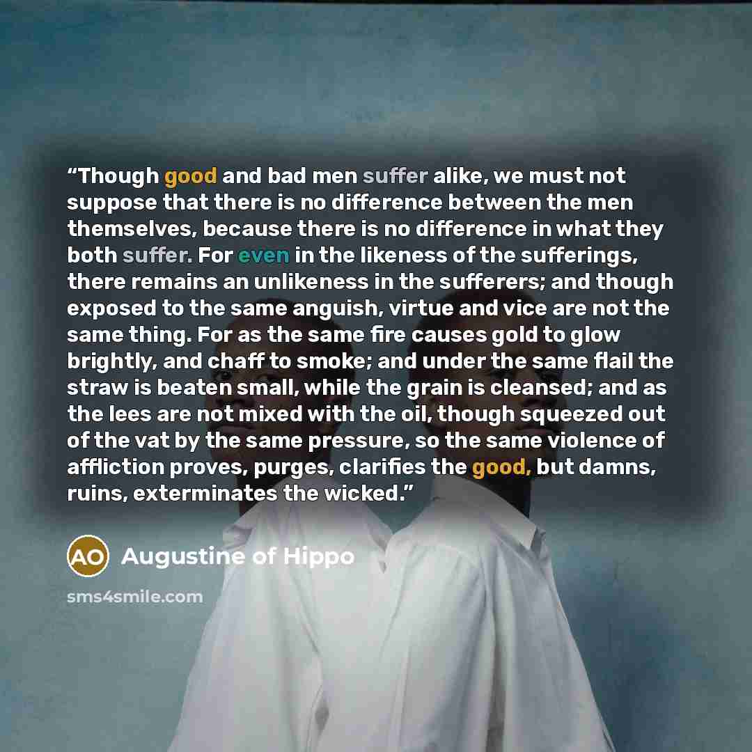 “Though good and bad men suffer alike, we must not suppose that there is no difference between the men themselves, because there is no difference in what they both suffer. For even in the likeness of the sufferings, there remains an unlikeness in the sufferers; and though exposed to the same…” quote by Augustine of Hippo