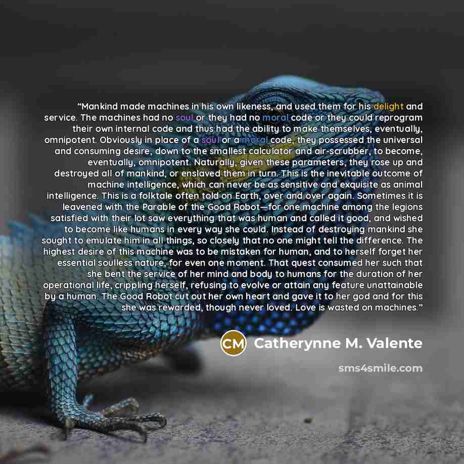 “Mankind made machines in his own likeness, and used them for his delight and service. The machines had no soul or they had no moral code or they could reprogram their own internal code and thus had the ability to make themselves, eventually, omnipotent. Obviously in place of a soul or a moral…” quote by Catherynne M. Valente