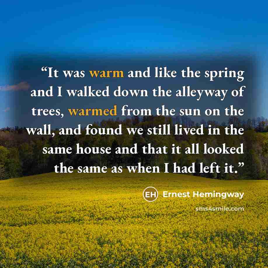 “It was warm and like the spring and I walked down the alleyway of trees, warmed from the sun on the wall, and found we still lived in the same house and that it all looked the same as when I had left it.” quote by Ernest Hemingway