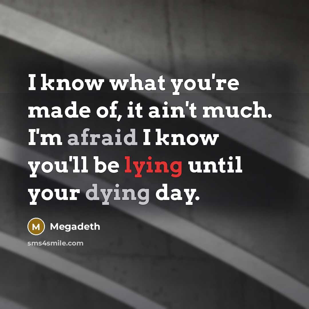 “I know what you're made of, it ain't much. I'm afraid I know you'll be lying until your dying day.” quote by Megadeth