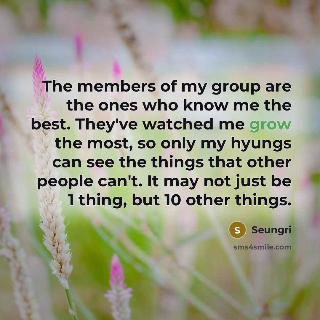“The members of my group are the ones who know me the best. They've watched me grow the most, so only my hyungs can see the things that other people can't. It may not just be 1 thing, but 10 other things.” quote by Seungri