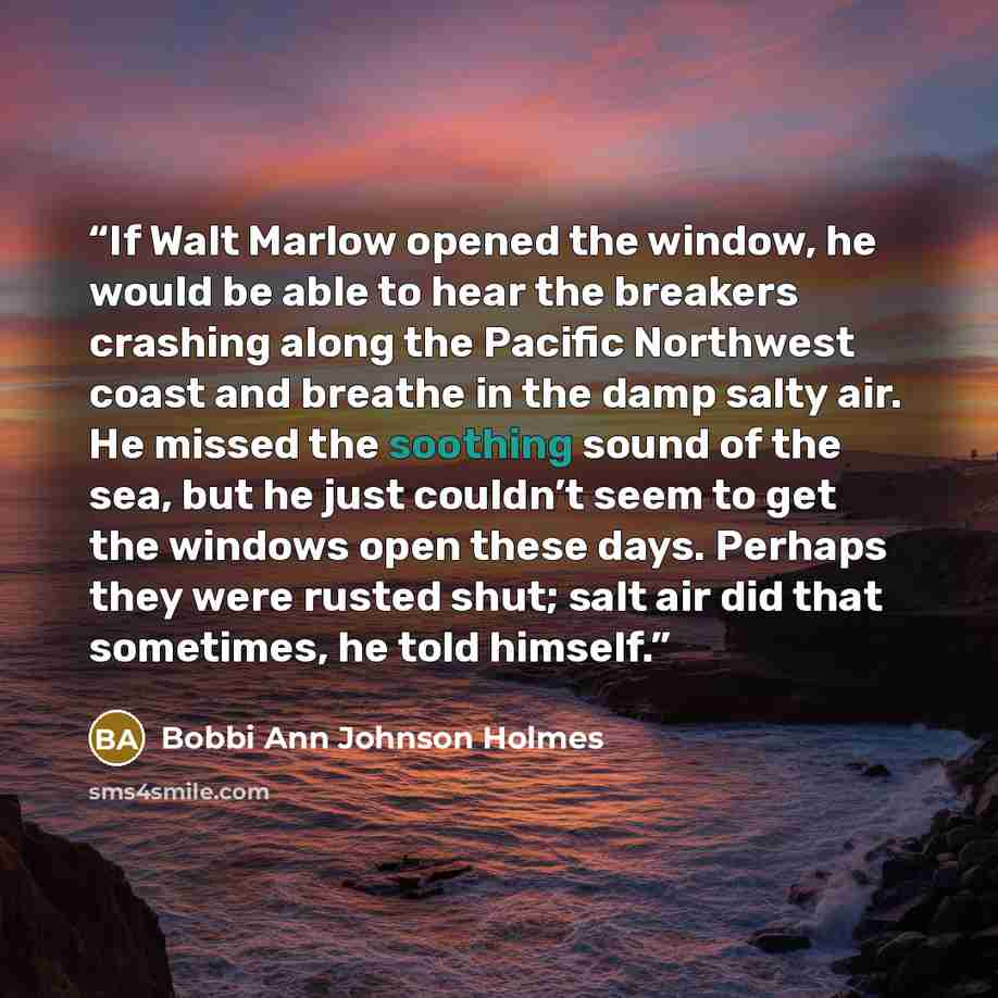 “If Walt Marlow opened the window, he would be able to hear the breakers crashing along the Pacific Northwest coast and breathe in the damp salty air. He missed the soothing sound of the sea, but he just couldn’t seem to get the windows open these days. Perhaps they were rusted shut; salt air did…” quote by Bobbi Ann Johnson Holmes