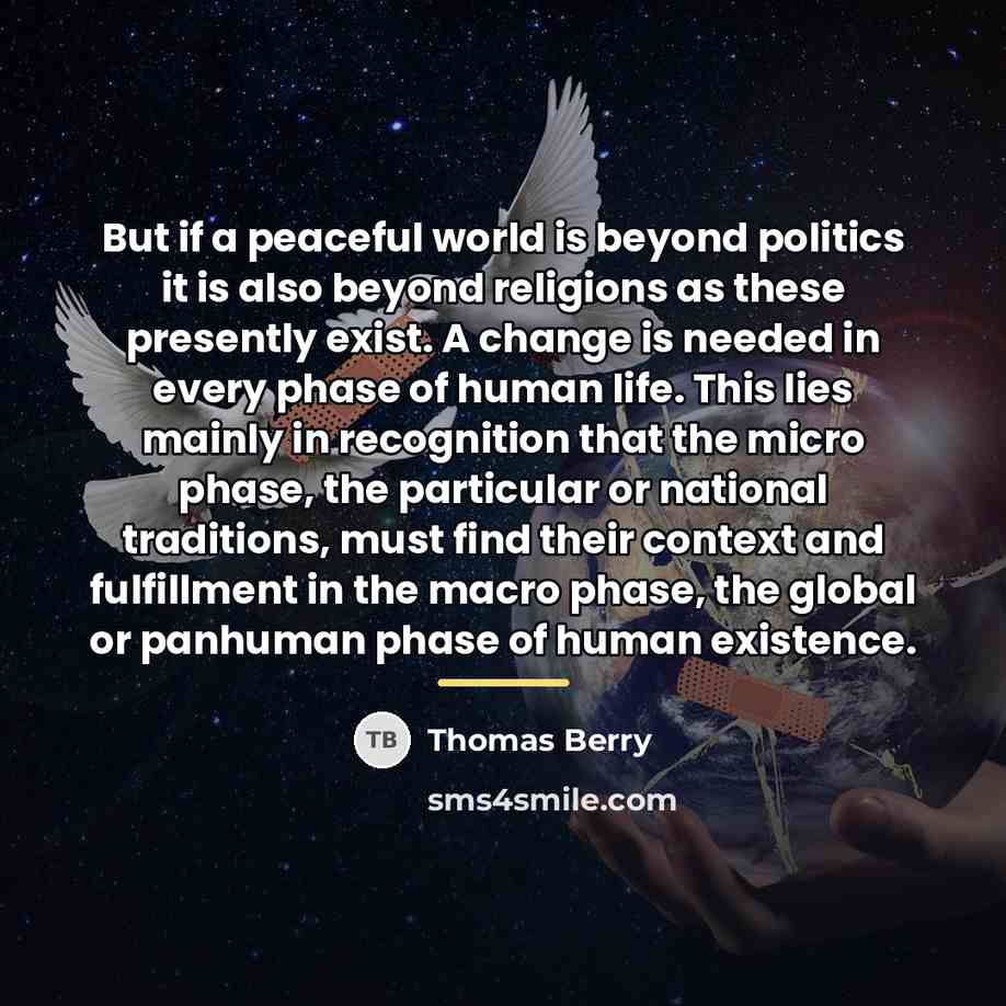 “But if a peaceful world is beyond politics it is…” quote by Thomas Berry