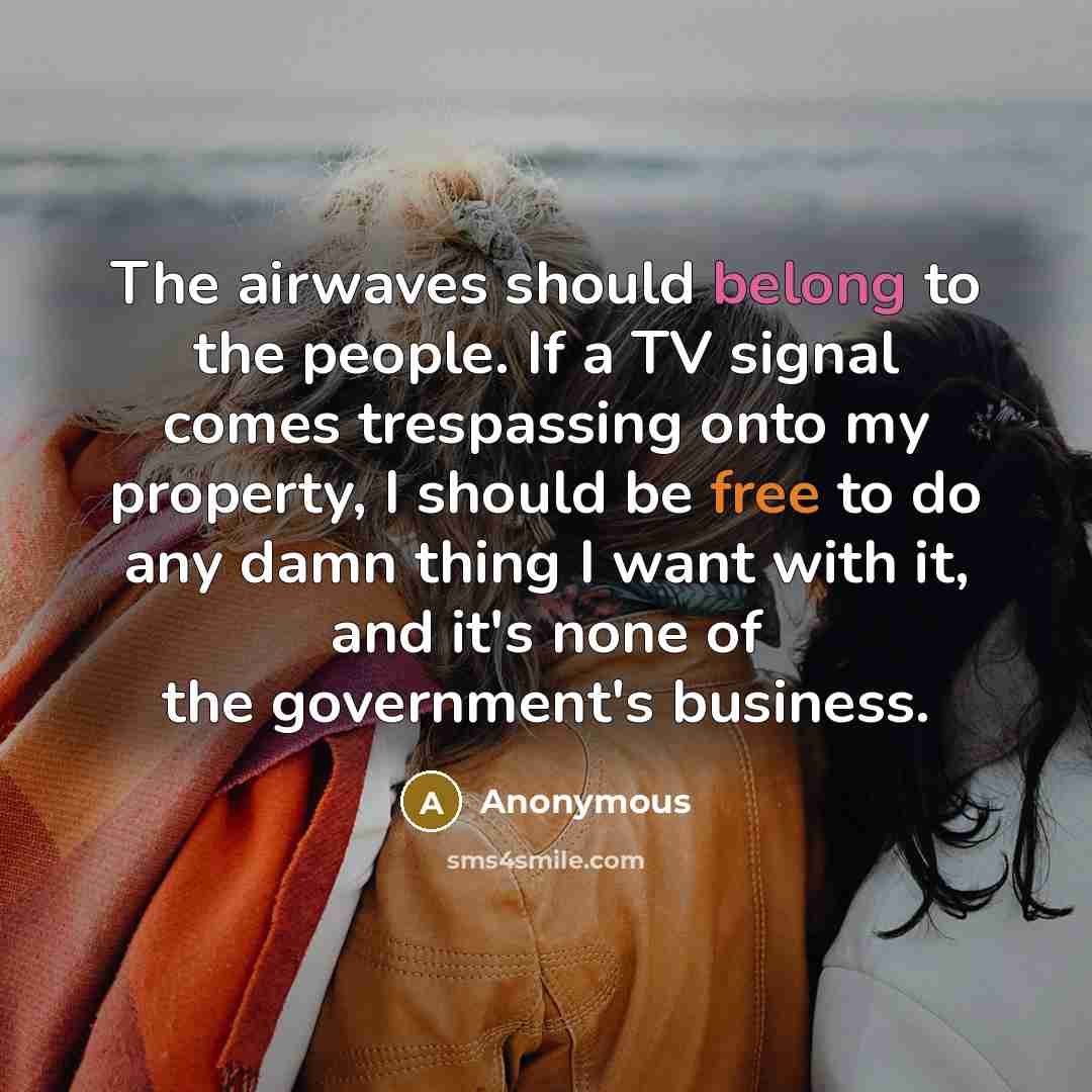 “The airwaves should belong to the people. If a TV signal comes trespassing onto my property, I should be free to do any damn thing I want with it, and it's none of the government's business.” quote by Anonymous